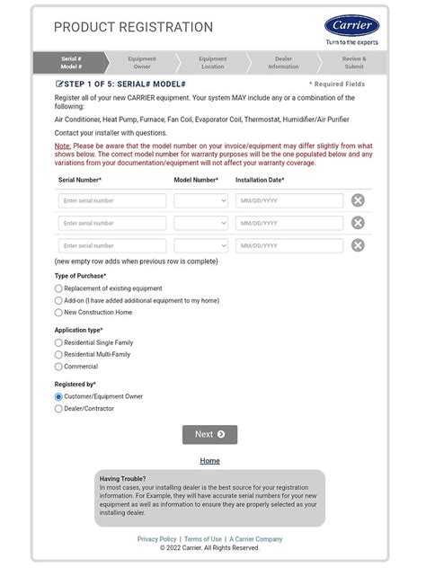 carrier product registration form.